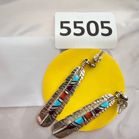 Navajo Turquoise Earrings Stone Inlay By FY FRANK YAZZIE Signed Sterling 925 - Picture 4 of 12